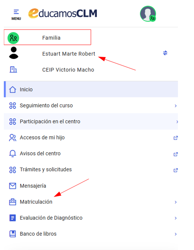 Apartados donde se debe pinchar indicados con flechas